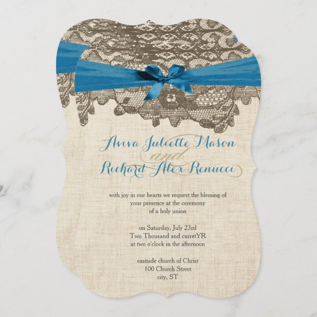 Rustic Country Lace Blue Wedding Invitation (Front/Back)