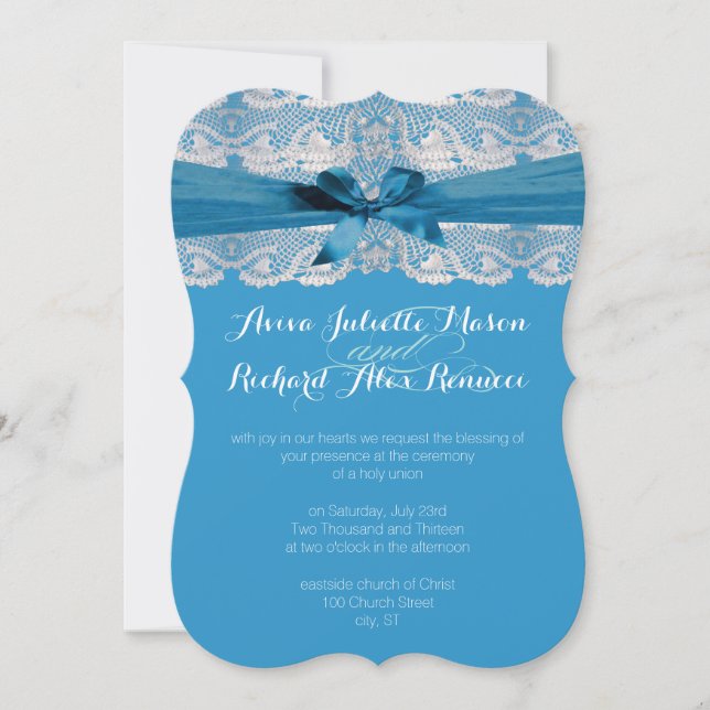 Rustic Country Lace Blue Wedding Invitations (Front)