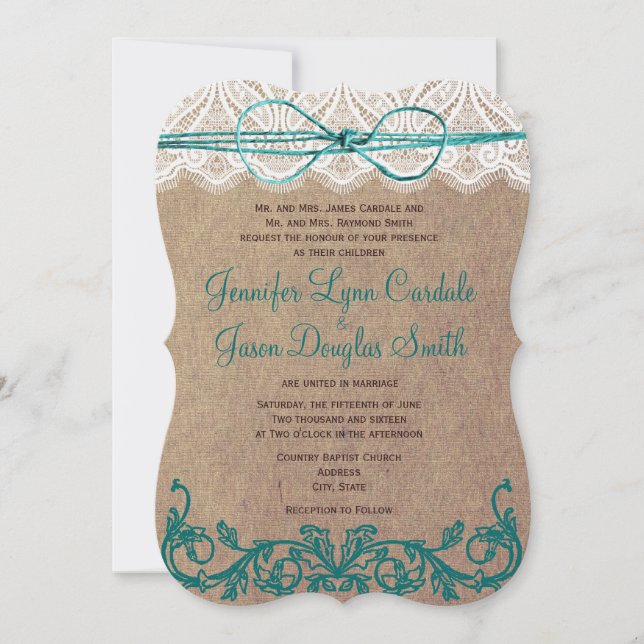 Rustic Country Lace Brown Teal Wedding Invitations (Front)