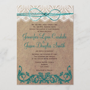 Rustic Country Lace Brown Teal Wedding Invitations