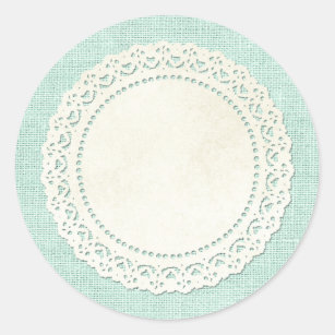 Rustic Country Lace Doily on Aqua Blue Burlap Classic Round Sticker
