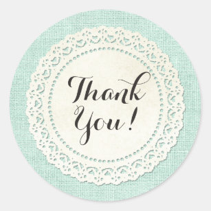 Rustic Country Lace Doily on Aqua Blue Thank You Classic Round Sticker
