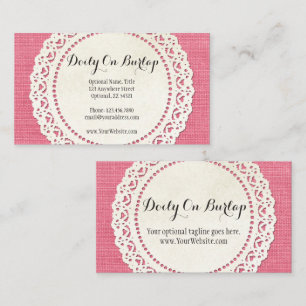 Rustic Country Lace Doily on Hot Pink Burlap Business Card