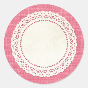 Rustic Country Lace Doily on Hot Pink Burlap Classic Round Sticker
