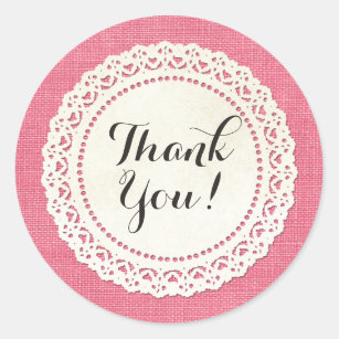 Rustic Country Lace Doily on Hot Pink Thank You Classic Round Sticker