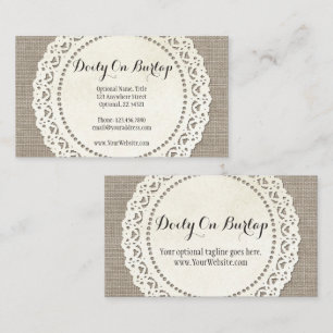 Rustic Country Lace Doily on Natural Brown Burlap Business Card