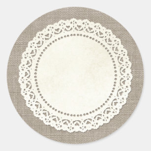 Rustic Country Lace Doily on Natural Brown Burlap Classic Round Sticker
