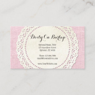 Rustic Country Lace Doily on Shabby Pink Burlap Business Card