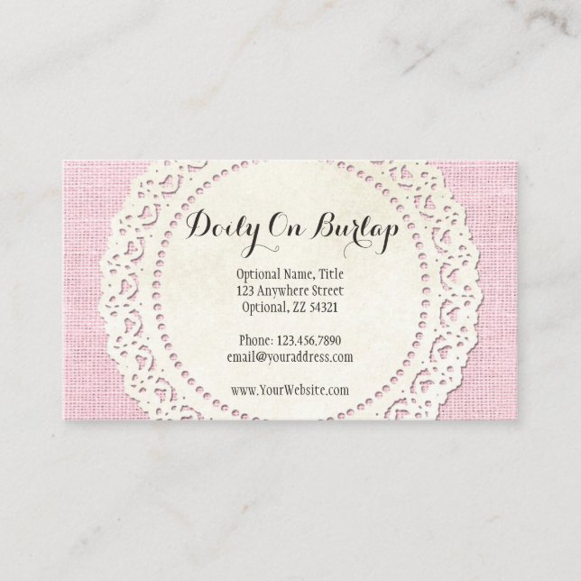 Rustic Country Lace Doily on Shabby Pink Burlap Business Card (Front)