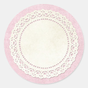 Rustic Country Lace Doily on Shabby Pink Burlap Classic Round Sticker