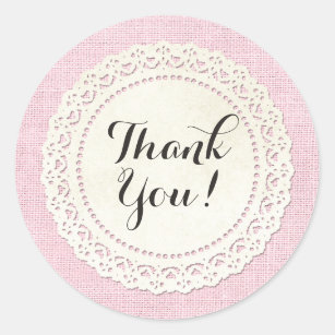 Rustic Country Lace Doily on Shabby Pink Thank You Classic Round Sticker