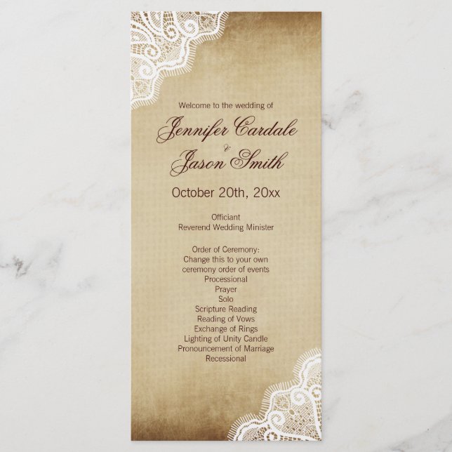 Rustic Country Lace Edge Vertical Wedding Programs Programme (Front)