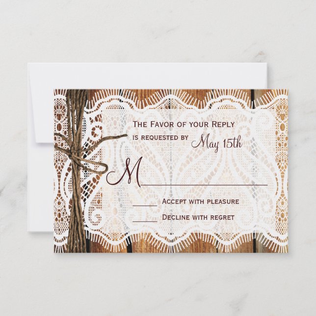 Rustic Country Lace Twine Wood Wedding RSVP (Front)