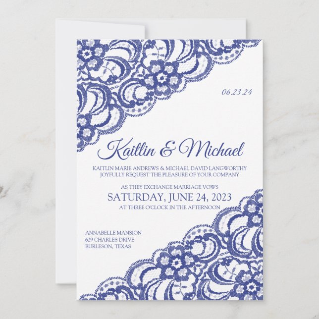 Rustic Country Lace Wedding Invitation- Royal Blue Invitation (Front)