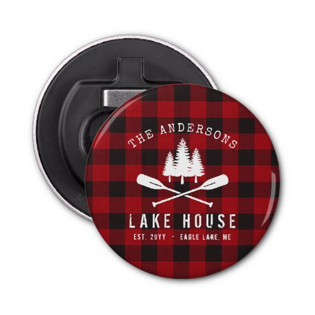 Rustic Country Lake House Tree Red Buffalo Plaid Bottle Opener (Front)