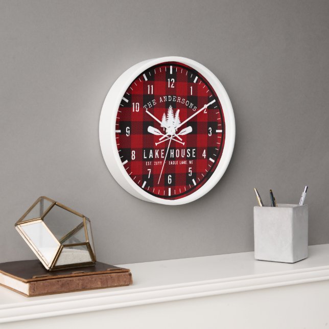 Rustic Country Lake House Tree Red Buffalo Plaid Clock (Office)