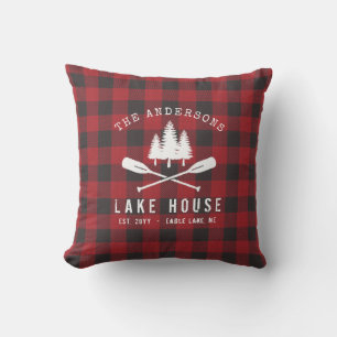 Rustic Country Lake House Tree Red Buffalo Plaid Cushion