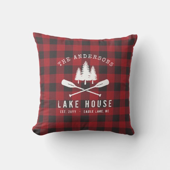 Rustic Country Lake House Tree Red Buffalo Plaid Cushion (Front)