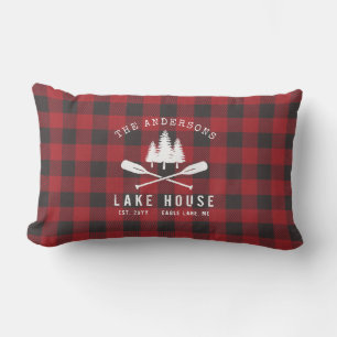 Rustic Country Lake House Tree Red Buffalo Plaid Lumbar Cushion