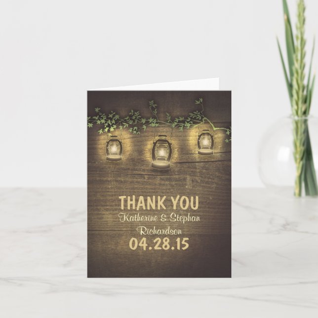rustic country lantern lights wedding thank you card (Front)
