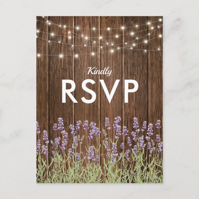 Rustic Country Lavender Lights Wedding RSVP Invitation Postcard (Front)