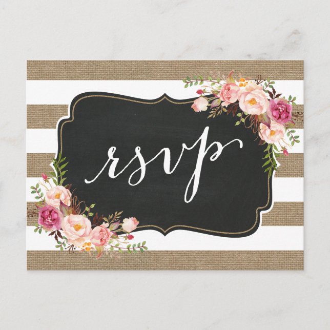 Rustic Country Linen Burlap Floral Wedding RSVP Invitation Postcard (Front)