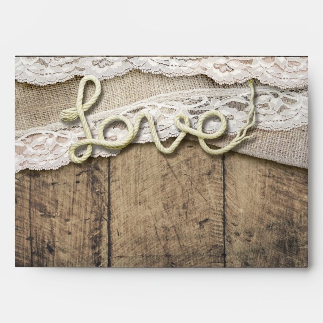 Rustic Country Love Rope Burlap Lace Barn Wedding Envelope (Front)