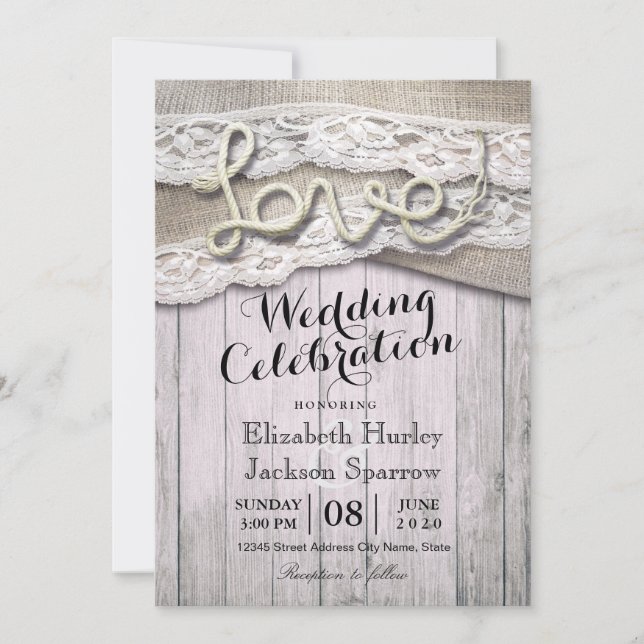 Rustic Country Love Rope Burlap Lace Barn Weddings Invitation (Front)