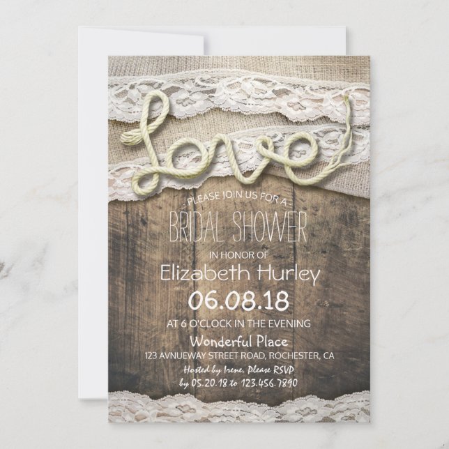 Rustic Country Love Rope Burlap Lace Bridal Shower Invitation (Front)