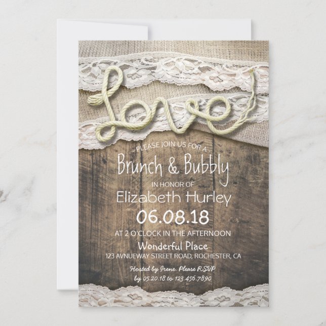 Rustic Country Love Rope Burlap Lace Bridal Shower Invitation (Front)
