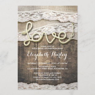Rustic Country Love Rope Burlap Lace Bridal Shower Invitation