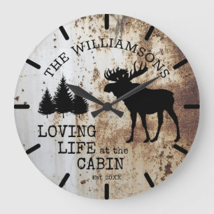Rustic Country Loving Life at the Cabin Moose Large Clock