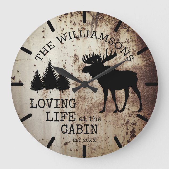 Rustic Country Loving Life at the Cabin Moose Large Clock (Front)