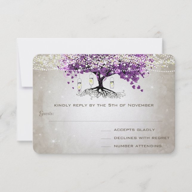 Rustic Country Luxe Purple Heart Leaf Wedding RSVP Card (Front)