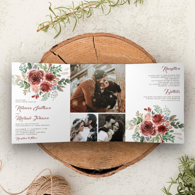 Rustic Country Marsala Floral Wedding Tri-Fold Invitation (Creator Uploaded)