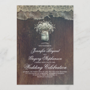 Rustic Country Mason Jar and Baby's Breath Wedding Invitation