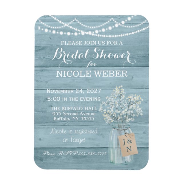 Rustic Country Mason Jar Blue Bridal Shower Invite Magnet (Vertical)