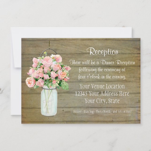 Rustic Country Mason Jar Blush Pink Roses Bouquet Invitation (Front)