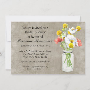 Rustic Country Mason Jar Bouquet Crackle Swirls Invitation