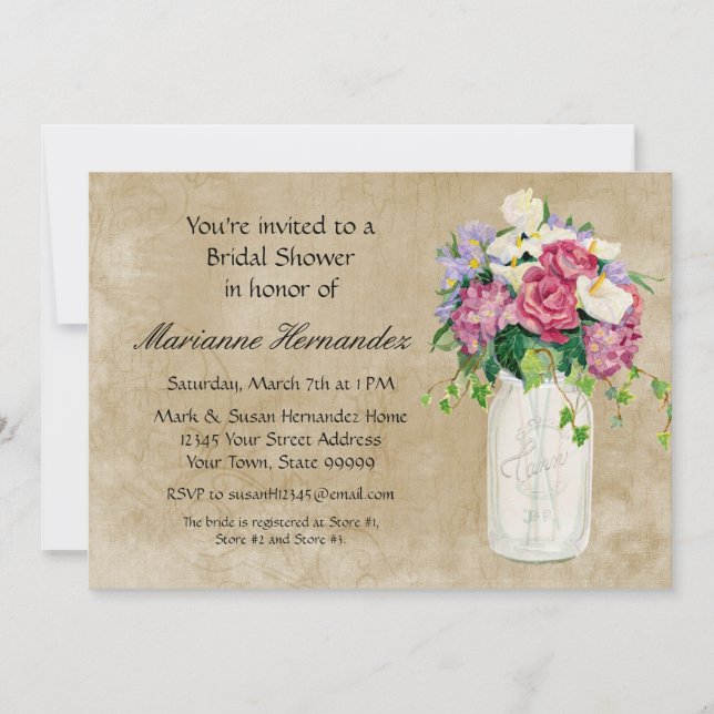 Rustic Country Mason Jar Bouquet Crackle Swirls Invitation (Front)