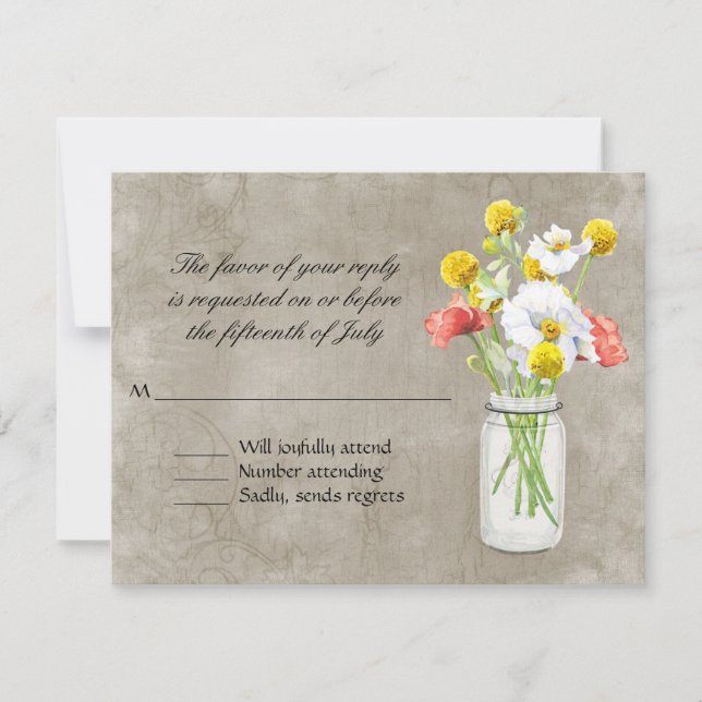 Rustic Country Mason Jar Bouquet Crackle Swirls RSVP Card (Front)
