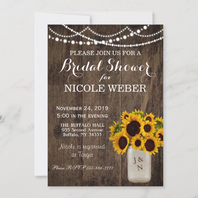 Rustic Country Mason Jar Bridal Shower Sunflower Invitation (Front)