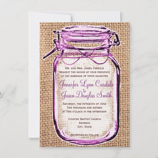 Rustic Country Mason Jar Burlap Wedding Invitation (Front)