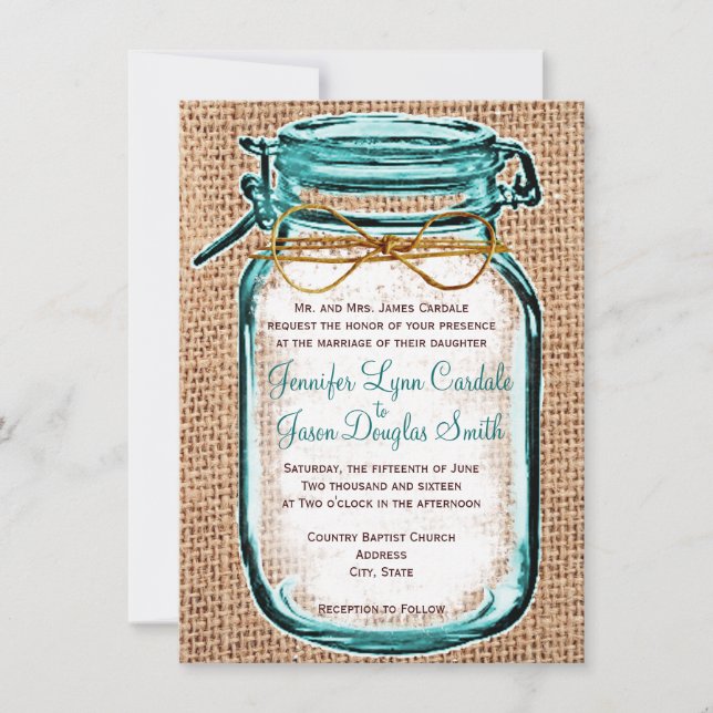 Rustic Country Mason Jar Burlap Wedding Invitation (Front)
