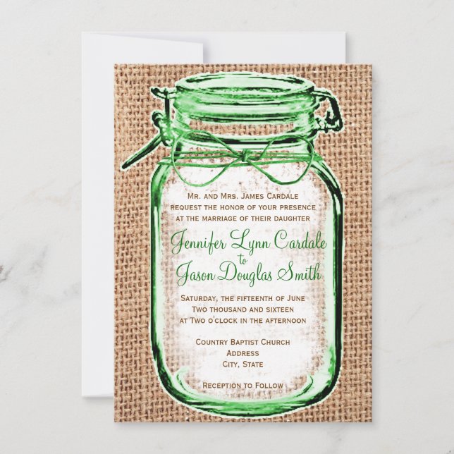 Rustic Country Mason Jar Burlap Wedding Invitation (Front)