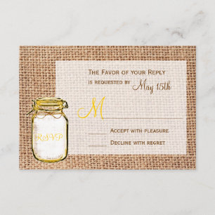 Rustic Country Mason Jar Burlap Wedding RSVP Cards