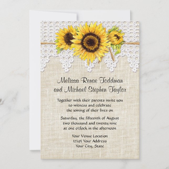 Rustic Country Mason Jar Flowers - Sunflower Lace Invitation (Front)