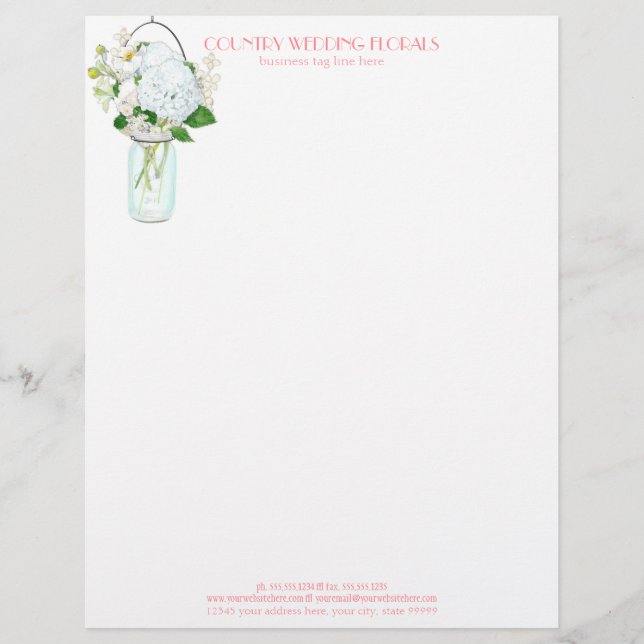 Rustic Country Mason Jar Flowers White Hydrangeas Letterhead Template (Front)