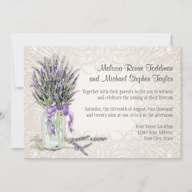 Rustic Country Mason Jar Lace n Lavender Floral Invitation (Front)