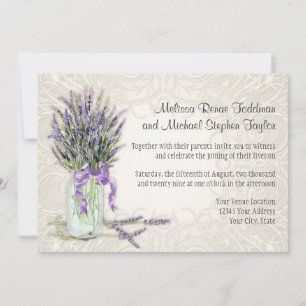 Rustic Country Mason Jar Lace n Lavender Floral Invitation